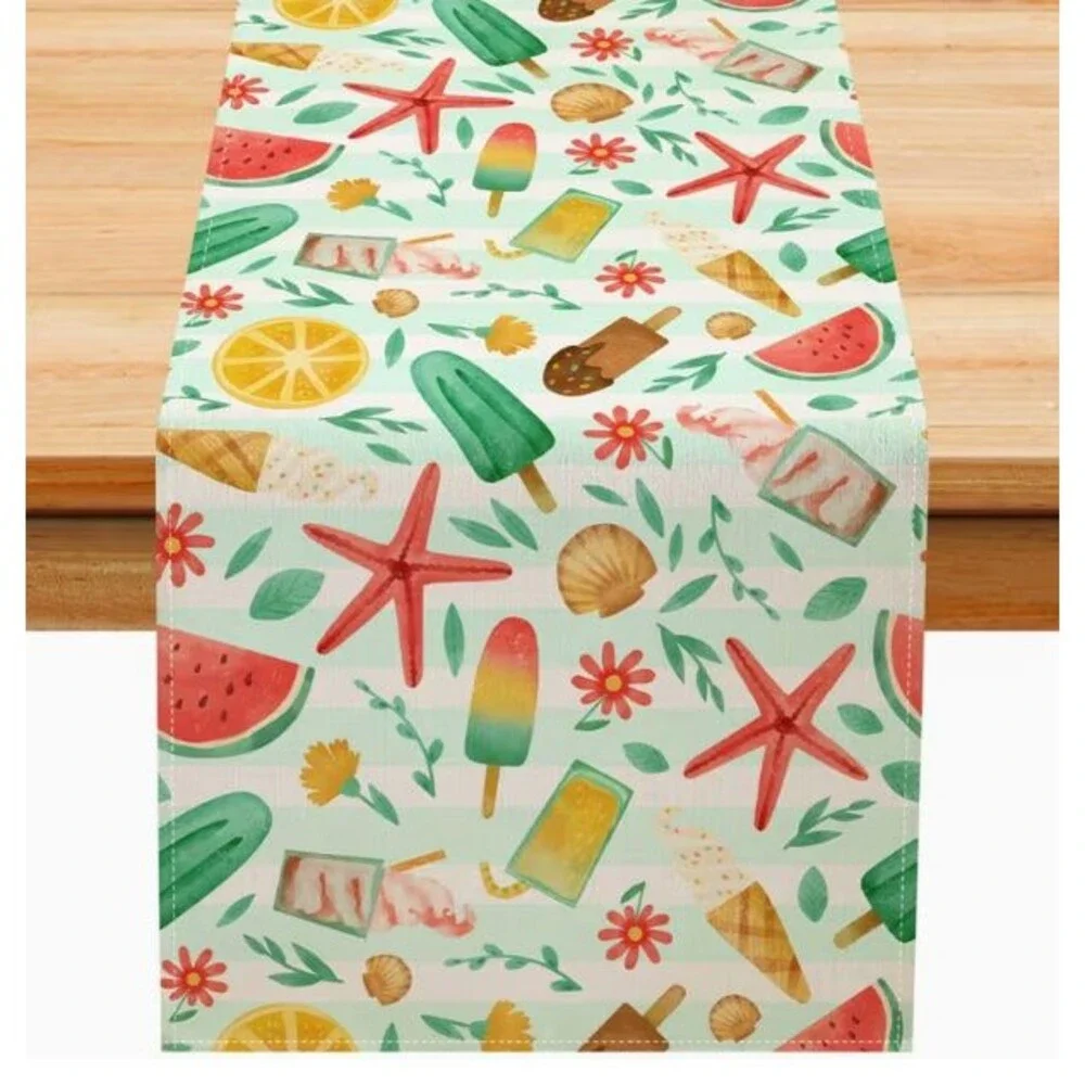Summer Table Runner 13x72in Woven Polyester Watermelon Popsicles Starfish Beach